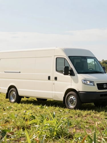 A clean modern distribution vehicle parked beside a sunlit Florida pasture, bright morning light, emphasizing high clinical hygiene and natural freshness