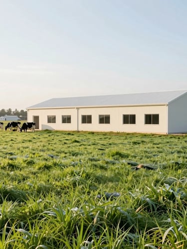Crisp high-key photography of dew-kissed green Florida pastures under bright morning sunlight, clean modern dairy farm style, 50mm lens