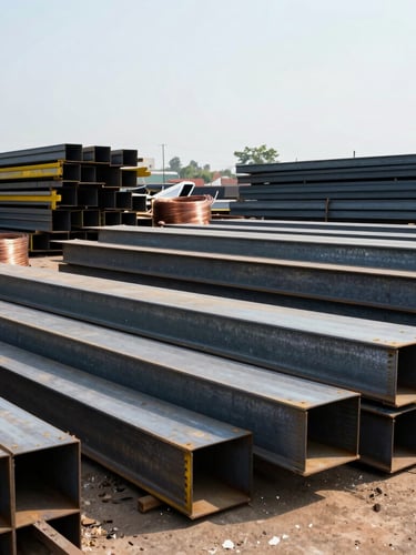 Wide environmental shot of an industrial scrap yard in Bangalore, sorted piles of heavy steel beams and copper wire, bright direct midday sun reflecting off high-contrast metallic surfaces, 35mm documentary photography style
