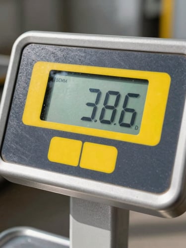 Close-up of a professional digital scale display showing weight readings at an industrial site, high contrast, metallic textures, yellow accents