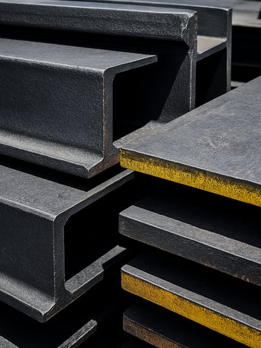 Close-up of sorted industrial steel beams and heavy iron plates, bright daylight, high contrast metallic textures, 35mm