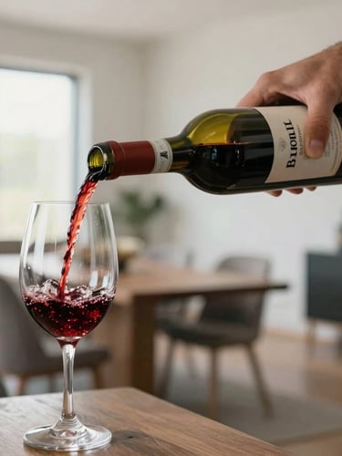 Close-up of a sommelier pouring a deep red Barolo wine into a glass, bright natural side light, soft focus background of a modern Texas dining room.