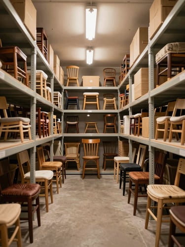 Symmetrical architectural shot of carefully wrapped designer wooden chairs in a brightly lit, immaculate storage unit with warm overhead lighting.