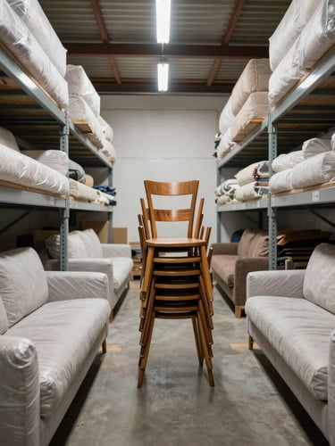 Symmetrical architectural shot of wrapped designer sofas and stacked wooden chairs in an immaculate, brightly lit storage unit.