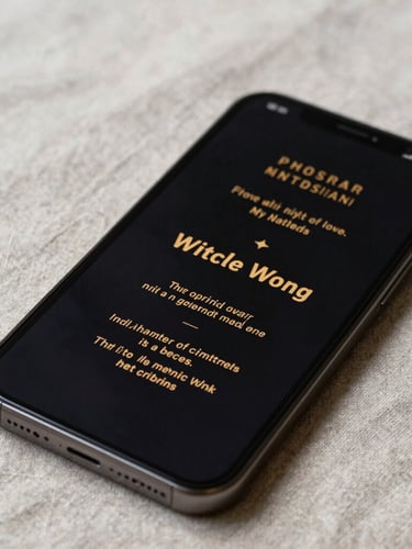 A close-up photograph of a premium mobile screen displaying a gold-embossed digital invitation, resting on a textured linen table runner with soft, diffused morning sunlight.