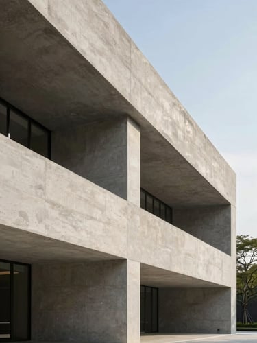 Sharp architectural concrete lines of a modern luxury event venue, framed from a low angle under soft, diffused morning sunlight.