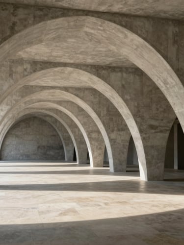 Minimalist architectural venue with soaring concrete arches, natural sunlight casting long soft shadows across limestone floors, quiet luxury aesthetic