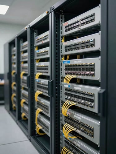 Wide shot of an organized network communications closet in a business office, right-side composition, labeled patch panels and switches neatly mounted in a rack, structured cable runs with color-coded ties, task lighting illuminating the orderly equipment, no people visible