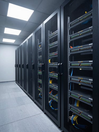 Wide shot of an organized server room in a small Israeli business, cable trays neatly routed along the wall, labeled patch panel in a rack, cool fluorescent task lighting overhead, shot from the left side showing depth and order