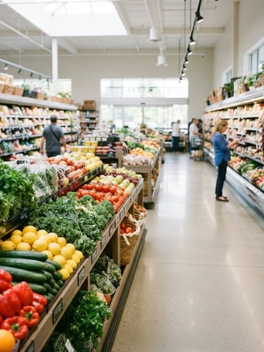Bright, clean supermarket aisle, neatly stocked shelves with vibrant fresh produce in foreground, soft natural light, wide shot