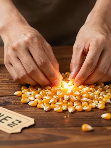 Hands carefully selecting golden corn kernels on a wooden table under dramatic warm projector light, vintage ticket stubs nearby, 35mm film look.