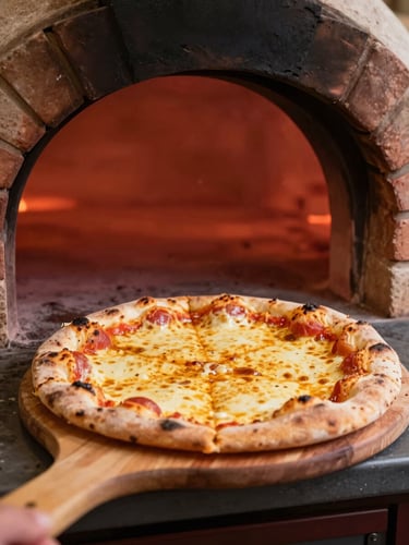 Close-up of a rustic wood-fired pizza being pulled out of a glowing brick oven with a wooden peel, golden melted cheese bubbling, warm ambient light