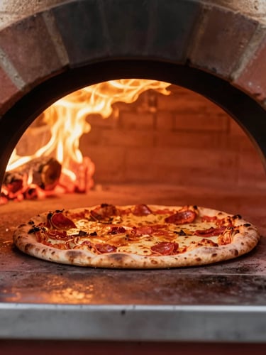 Close-up of a glowing wood-fired oven with pizza inside, warm golden embers, rustic brick texture, shallow depth of field