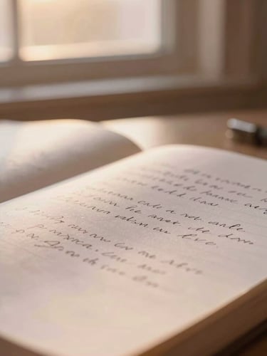 Close-up of open notebook pages with handwritten scribbles, warm golden-hour window light, soft-focus background, warm editorial photography, muted dusty rose and taupe tones