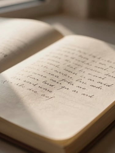Intimate close-up of an open linen journal with handwritten scribbles, warm diffused golden-hour window light, soft shadows, shallow depth of field