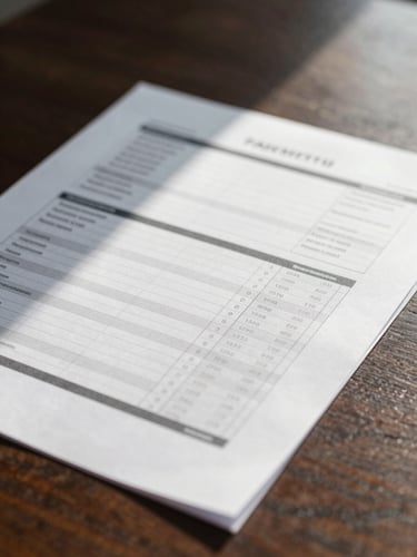 Close-up of a structured financial report on a dark wooden desk, subtle shadow from window light, clean and professional atmosphere.