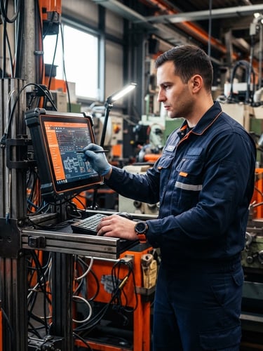 A professional technician in a clean navy uniform operating a high-tech diagnostic monitor, bright work-light illumination, high-contrast industrial setting