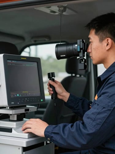 A clean professional technician in a navy uniform operating a high-tech diagnostic camera monitor inside a neat utility truck, bright daylight, sharp focus.