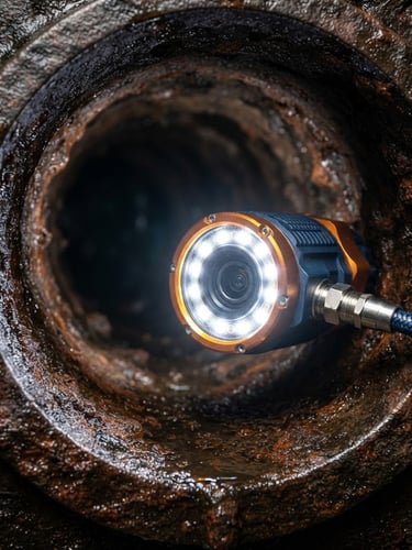 Macro shot of a high-tech sewer camera head with bright LED lights, entering a clean cast iron pipe, sharp focus, crisp industrial photography, high-contrast navy and orange tones.