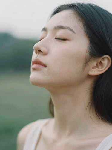 Soft-focus portrait of a person in a moment of quiet somatic release, deep breathing, soft diffused natural daylight, muted organic tones, shallow depth of field, 35mm film