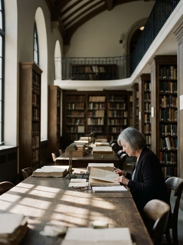 A quiet, high-ceilinged research archive with towering wooden bookshelves, soft directional window light casting geometric shadows on long study tables, shallow depth of field, 35mm.