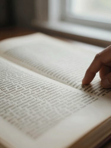 Macro close-up of a hand reviewing a heavily textured printed manuscript under soft, directional window light, shallow depth of field, 35mm