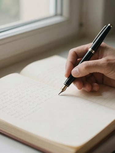 Hands of a researcher reviewing printed archival manuscripts under soft, directional window light, a classic fountain pen resting on a heavy cream paper ledger, shallow depth of field, 35mm