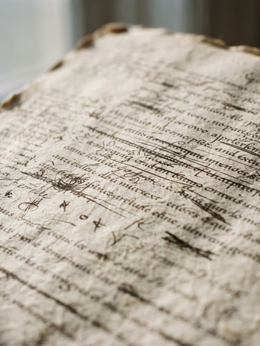 Macro close-up of a heavy cotton paper manuscript with handwritten annotations in dark ink, soft directional window light casting long shadows across the textured page, 35mm photography