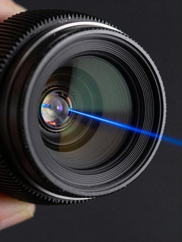 Macro photograph of a high-precision optical lens catching a narrow blue laser beam, showing internal refraction lines against a sterile dark background.