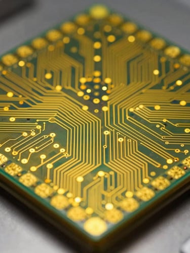 Macro view of a silicon wafer under cleanroom yellow light, showing sub-micron circuit traces and gold-bonded wire threads in sharp focus.