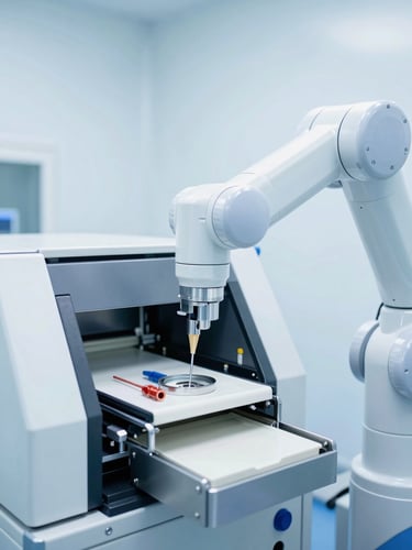 Close-up of automated medical packaging machinery in a sterile cleanroom, bright clinical white lighting, robotic arms handling surgical components