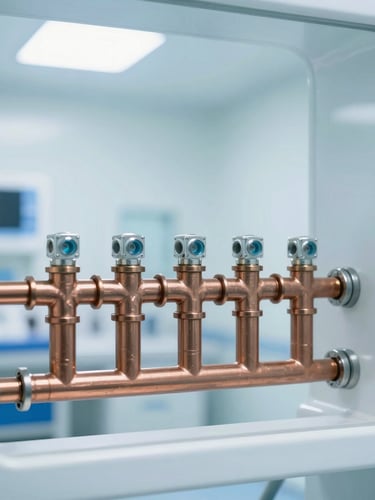 Engineered medical gas pipeline copper manifold system inside a hospital utility room, clean architectural framing, sterile daylight