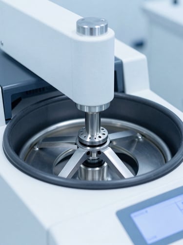 Macro photograph of a sterile, high-precision laboratory centrifuge with digital interface, cool white and blue cleanroom lighting, sharp focus