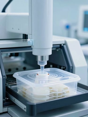 Cleanroom manufacturing environment with automated machinery packaging sterile medical disposables, bright high-key lighting, cool blue tones.
