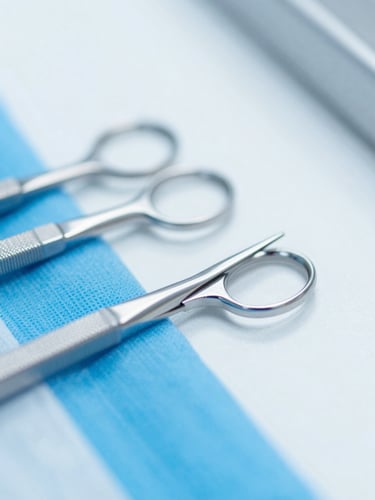 Macro shot of high-precision sterile surgical blades in a cleanroom, bright high-key medical photography, clinical daylight, sharp focus on steel edges