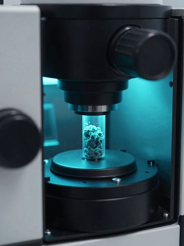 High-contrast technical photography of a scanning electron microscope (SEM) chamber, cool cyan backlighting, deep obsidian tones, ultra-sharp macro detail.
