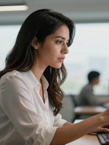 Medium shot of a professional Mexican woman in a modern office, looking focused while analyzing data on a screen, soft natural light, clean corporate background