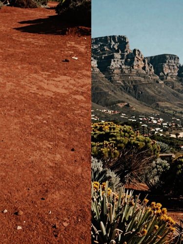 A split-screen style composition showing Australian red clay earth on the left and Cape Town coastal fynbos mountains on the right, gritty high-contrast natural light, cinematic 35mm grain.