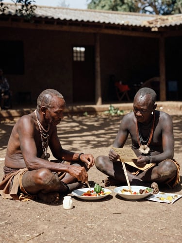 A wide shot of two Indigenous musicians, one from Australia and one from South Africa, sharing a meal and discussing lyrics in a sunlit courtyard.