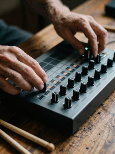 Gritty close-up of hands on an MPC drum machine and traditional clapsticks on a rustic wooden table, high-contrast natural light, warm earth tones, deep shadows, cinematic 35mm film grain.