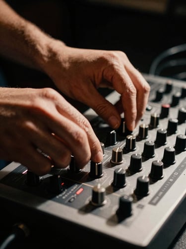 A close-up gritty editorial shot of hands adjusting dials on an MPC drum machine, high-contrast warm studio lighting, deep shadows, cinematic 35mm film grain.