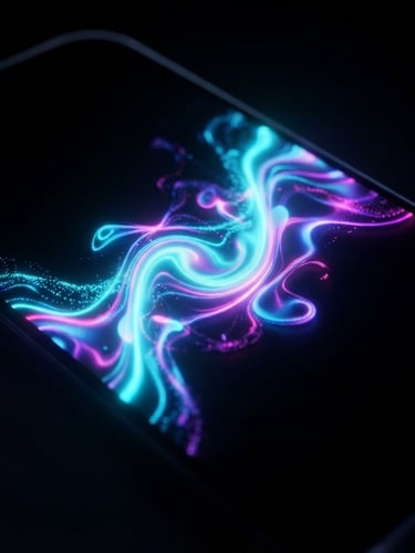 Macro shot of a high-resolution mobile screen displaying a fluid, physics-based UI transition with vibrant cyan and violet glow reflections, shallow depth of field, dark studio lighting.
