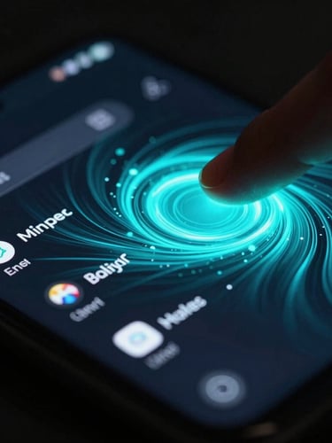 Extreme close-up of a premium Android phone screen displaying a complex, fluid UI transition with vibrant cyan glow, shallow depth of field, dark studio lighting, with a hand interacting with the screen.