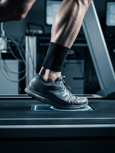 Dynamic close-up of a runner's foot striking a pressure-sensitive laboratory treadmill, high-contrast side-lighting highlighting muscle definition, cool technical tones, 35mm lens.