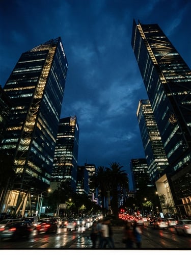 Dramatic low-angle architectural shot of Paseo de la Reforma corporate towers in Mexico City, deep blue hour lighting, sharp high-contrast shadows, cinematic editorial photography, 35mm