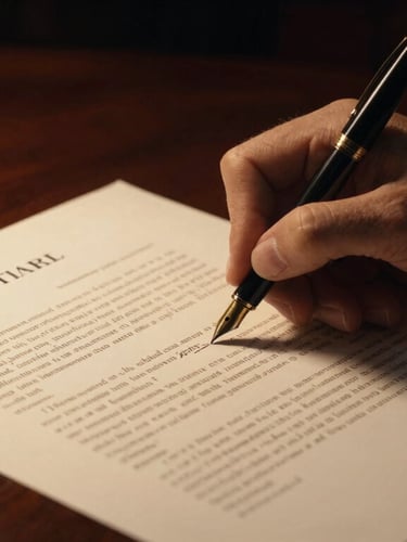 Tight authoritative close-up of a fountain pen signing a critical legal document on a dark mahogany desk under focused warm light, dramatic shadows