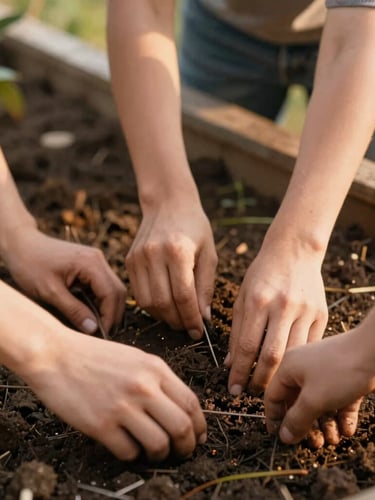 Warm editorial photography of hands working together to build a community garden bed, natural golden-hour light, rich earthy tones, candid close-up, soft focus, 35mm