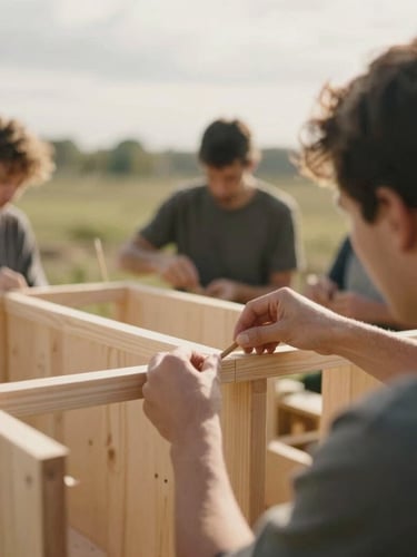 An over-the-shoulder perspective of a community workshop, hands working together to assemble a wooden structure under soft overcast daylight, natural depth of field, 35mm.