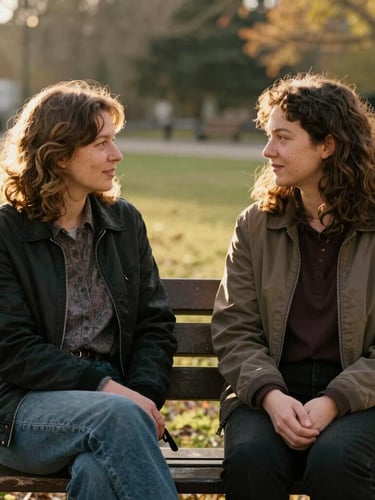 Warm documentary portrait of two people sitting side-by-side on a park bench, deep in conversation, natural golden-hour light, 35mm, soft focus