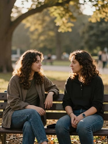 Warm editorial photography of two people sitting side-by-side on a park bench, deep in collaborative conversation, soft golden-hour sunlight filtering through trees, natural 35mm depth of field.
